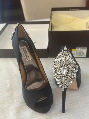 Badgley Mischka Black Satin Crystal-Embellished Peep-Toe Heels